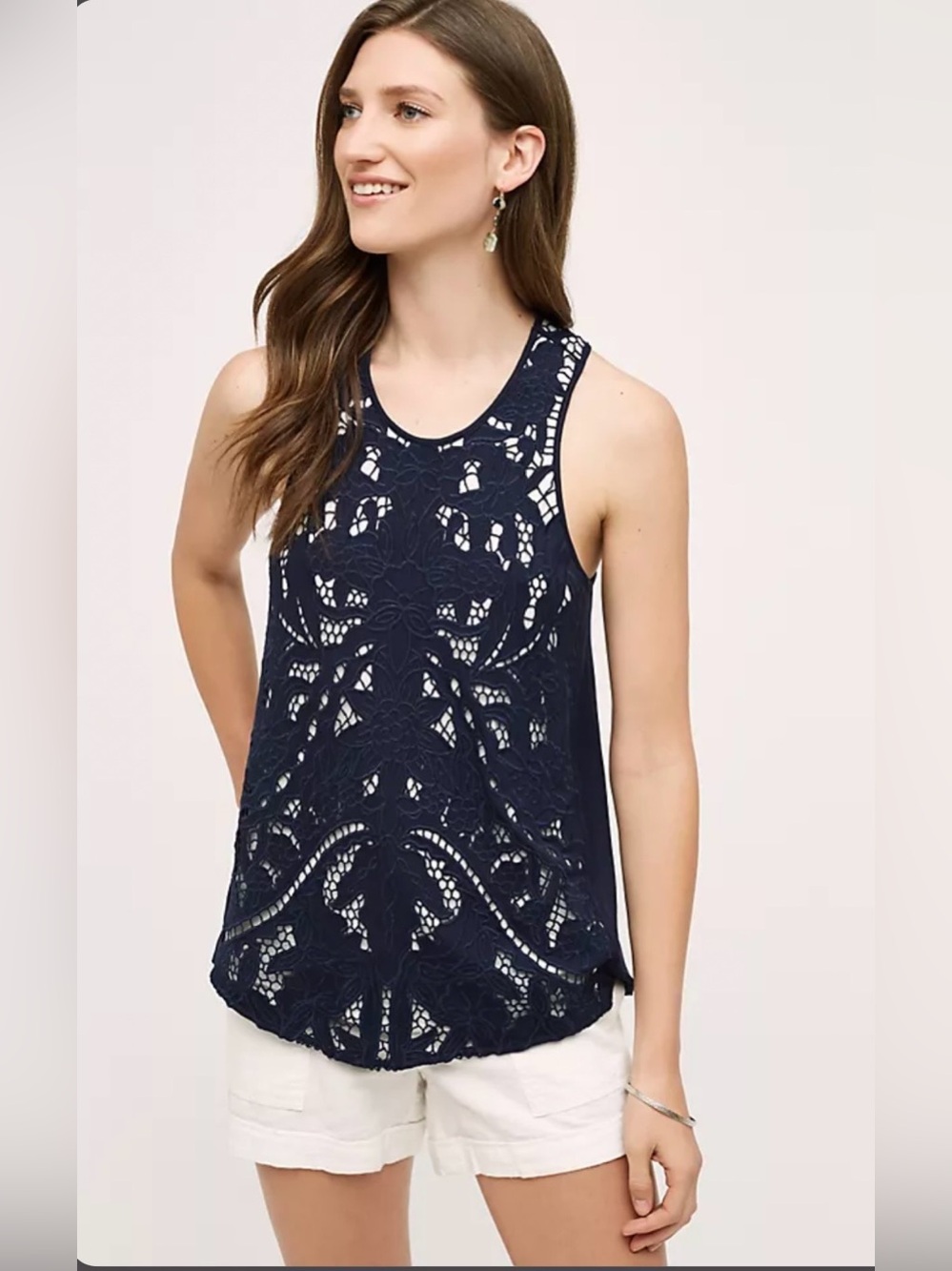 Anthropogie Akemi + Kin NWT Navy Filigree Crochet Racer Back Tank MP